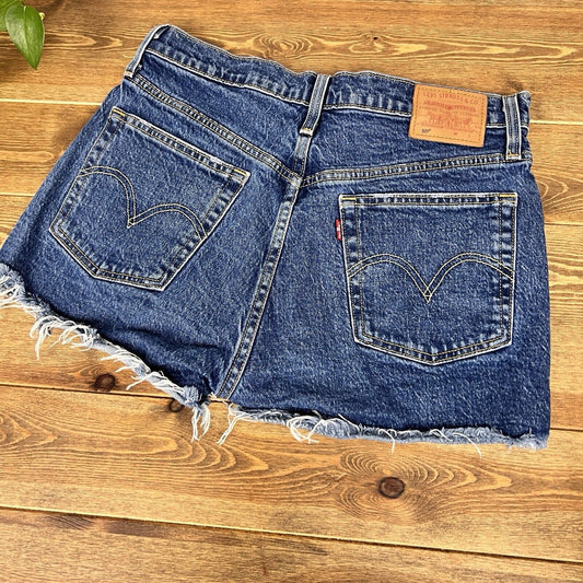 Levi's 501 Jean Shorts Women Size W28 Blue Denim Distressed Med Rise Button Fly