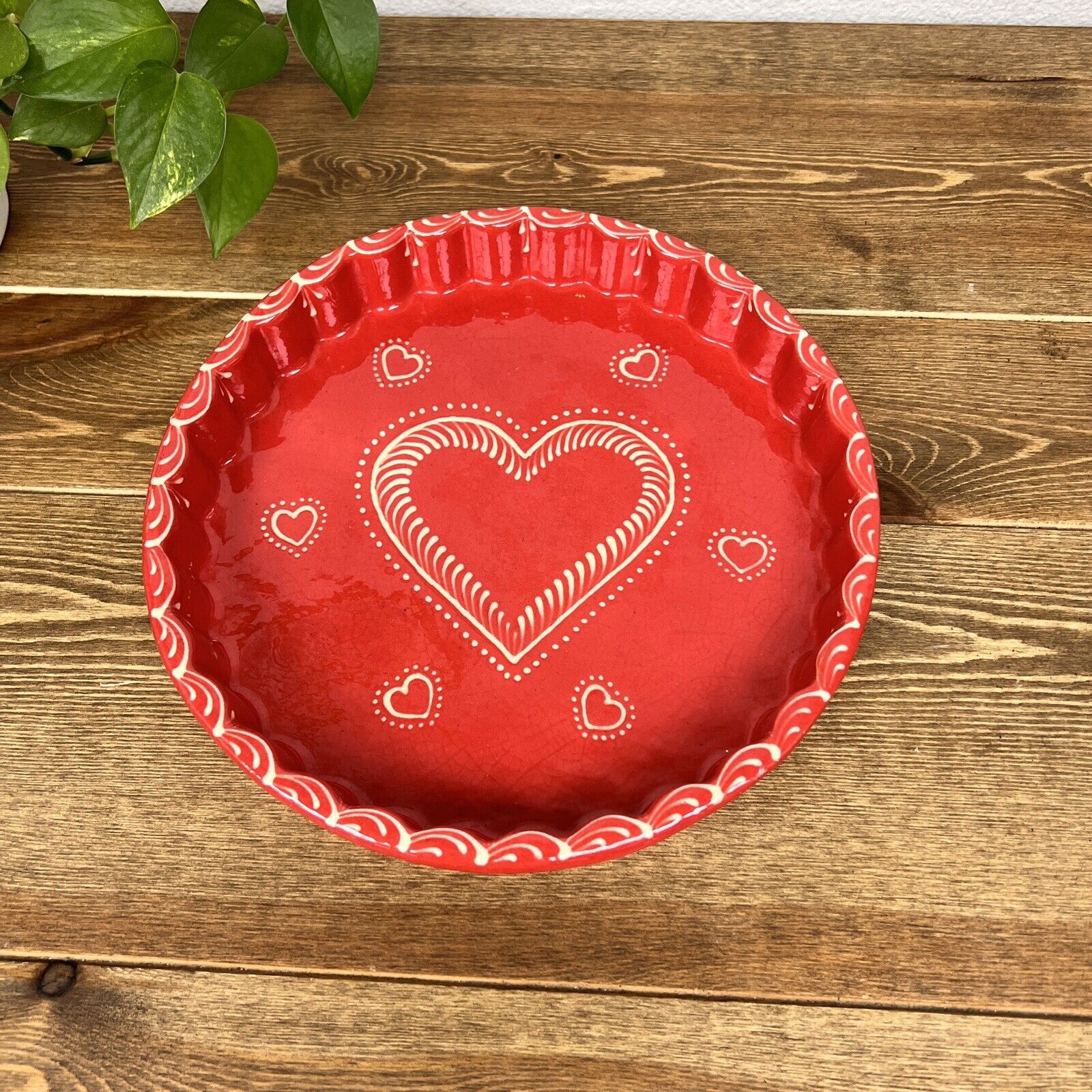 Alsace French Pottery Hausswirth Soufflenheim Custom 10” Dish with Red Hearts