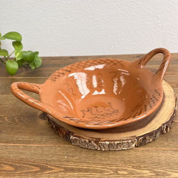 Vintage Handmade & Painted Mexican Red Clay Pottery Serving Bowl With Handles