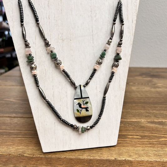 Vintage Hopi Zuni Native American Indian Stone Inlay Bird Pendant Bead Necklace