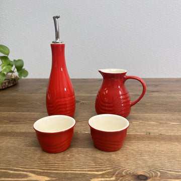 Le Gourmet Chef Red Pottery Pitcher, Oil Bottle & 2 Small Ramekins Red