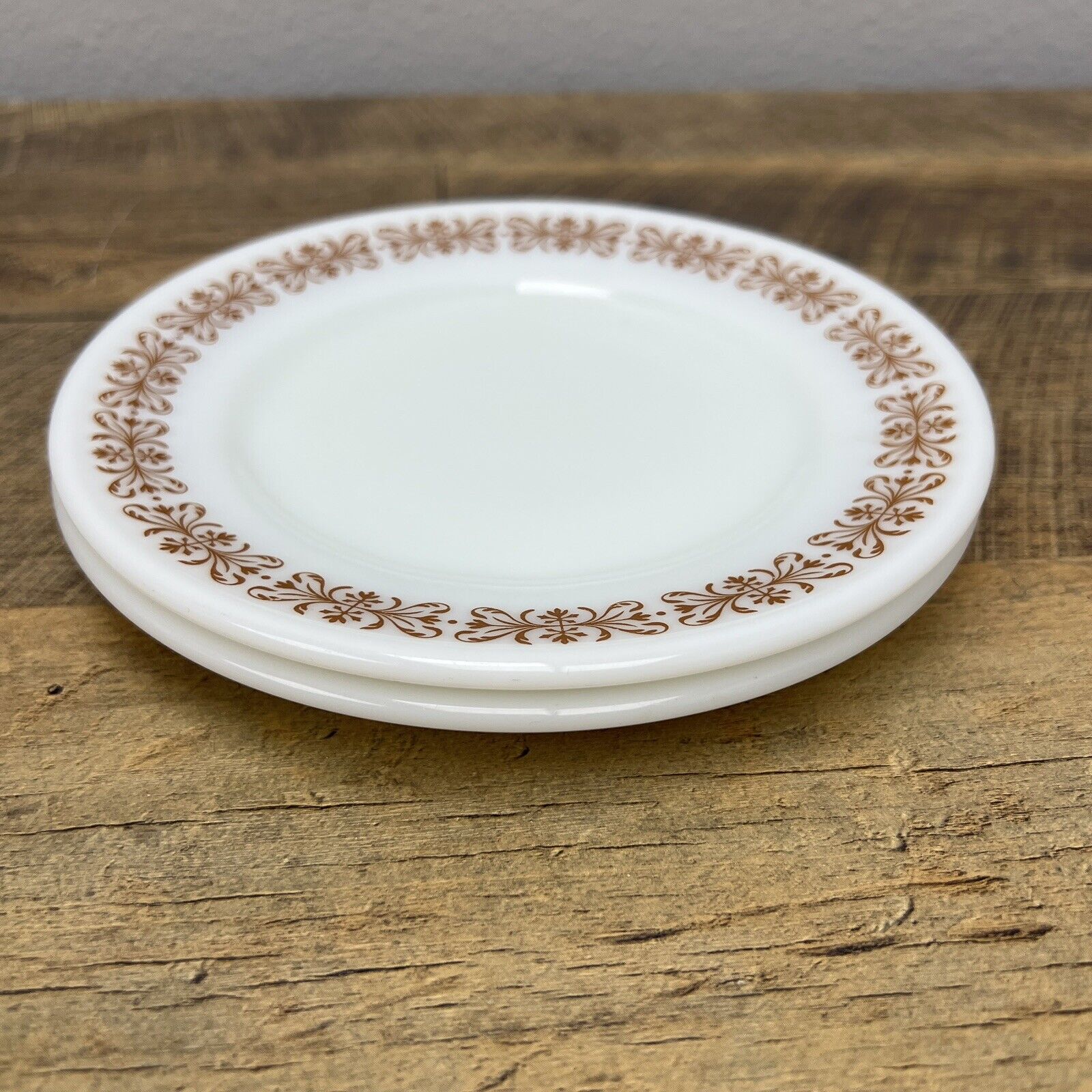 Set of 2 Pyrex Milk Glass Copper Filigree Brown Scroll rim 704-35 Bread Plates