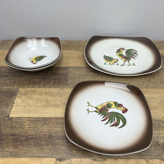 SET 5 Orchard Ware Small Plates, Vintage California Pottery Rooster Pattern