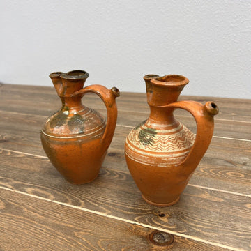 Vintage Primitive Clay Ceramic Harvesting Pot Pitcher 6" Tall Set Of 2