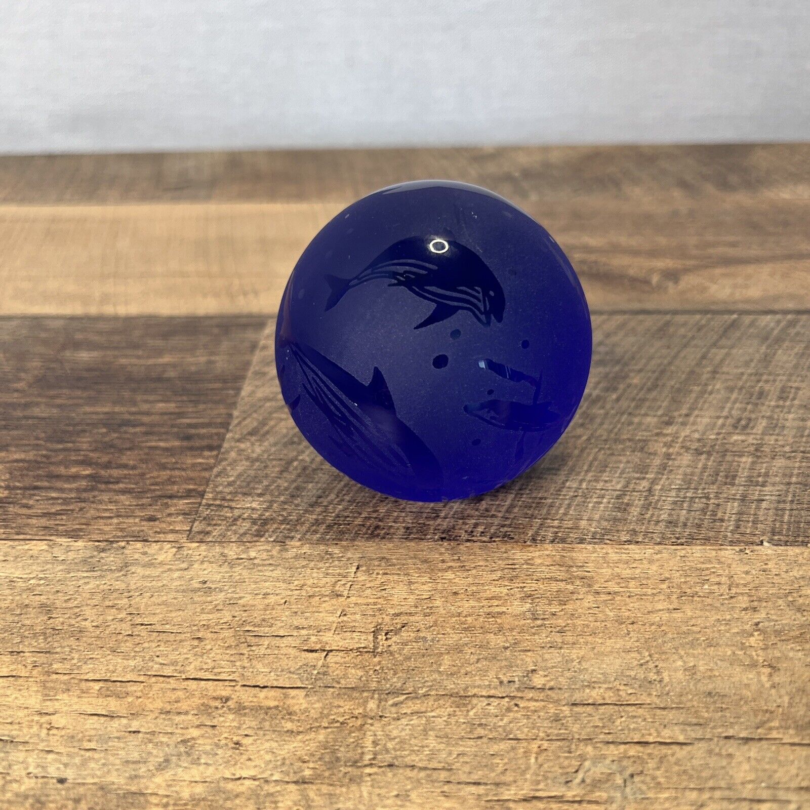 Cobalt Blue Art Glass Paperweight Ball Dolphins 🐬Heavy