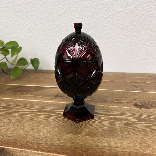 Vintage Ruby Red Glass Pedestal Egg Shaped Covered Candy Dish Luminarc Durand