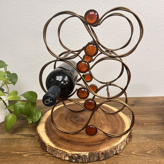 Vintage Boho Metal Scroll 6 Bottle Wine Rack w/ Orange Glass Gems