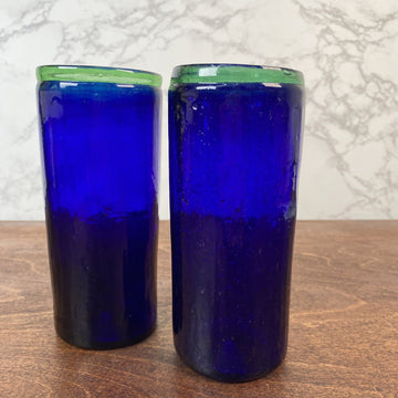 2 Cobalt Blue & Green Rimmed Water Hand Blown Water Cups Tumbler