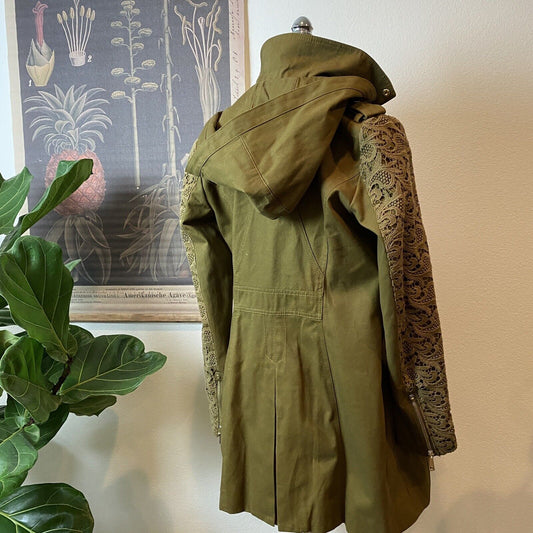 Dawn Levy Coat Small Women Olive Green Removable hood Utility Military Jacket