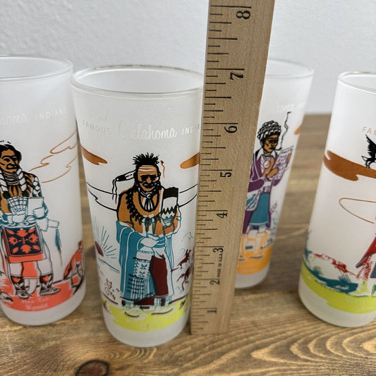 Set of 5 Vintage “Famous Oklahoma Indians” Knox Oil Blue Eagle Frosted Glass Set