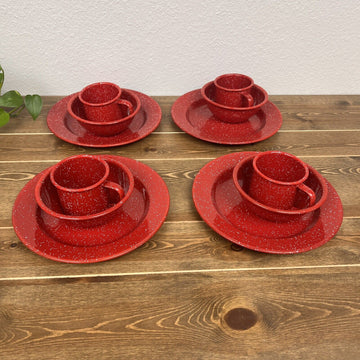 Red Enamelware Speckled Metal Plates Bowls Mugs 12-Piece Set Retro Camping Gear