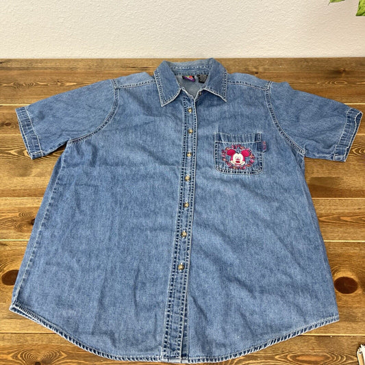 Disney Minnie Mouse 14w/16w Short Sleeve Denim Embroidered Shirt