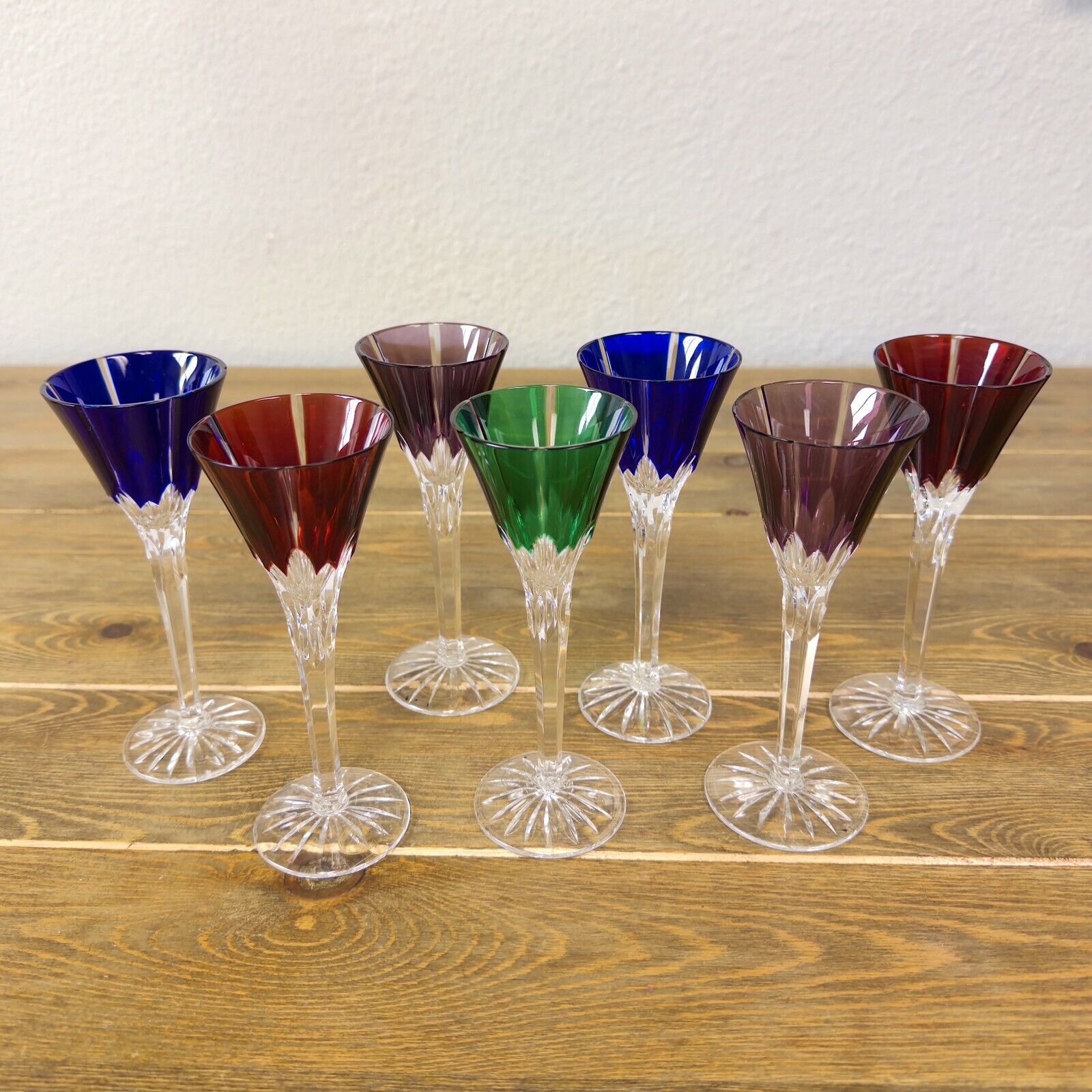 Qty 7 - Ajka Hungary Castille Cut to Clear Multi Colored Cordial Stem Glasses