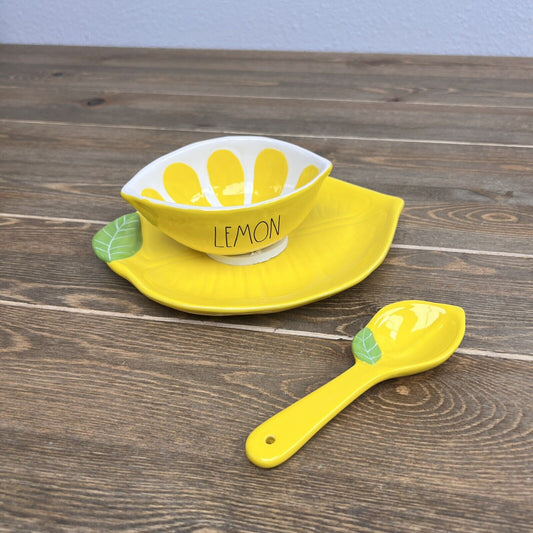 Rae Dunn Lemon Shaped 3 Piece Yellow Ceramic Dessert Set New