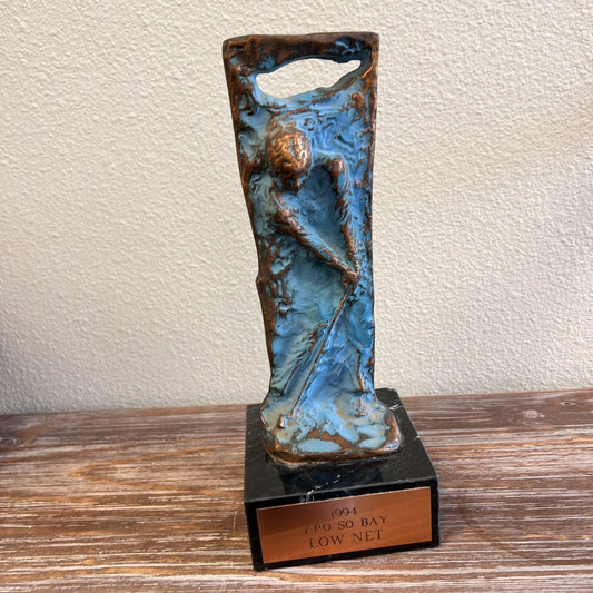 Brutalism Bronze Golf Player Art Sculpture on Marble Base By Sheridan Very Rare