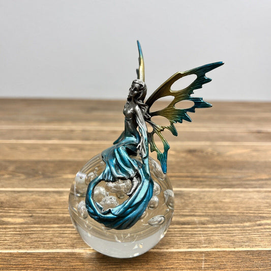 Pewter Fairy w/ Green & Yellow Wings On Bubble Glass Ball Figurine