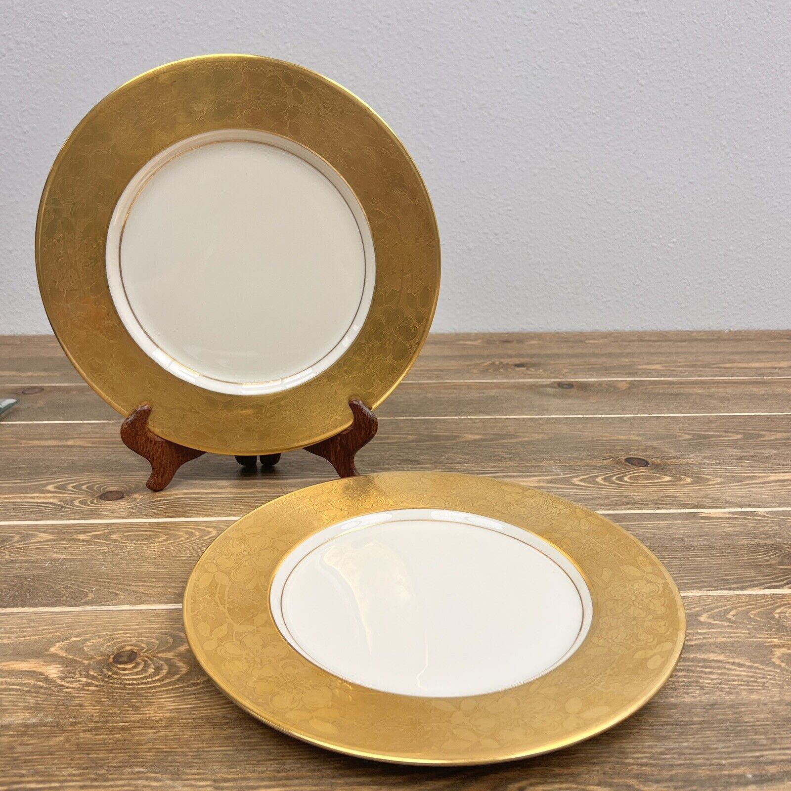 Pair of 1950’s Vintage Essie Boovier Signed Real Gold Gilded 10.5” Plates MCM