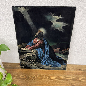 Vintage Handpainted Black Velvet Jesus Praying Painting