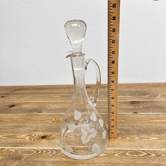 Vintage Wine Whiskey Decanter With Handle And Floral Etching