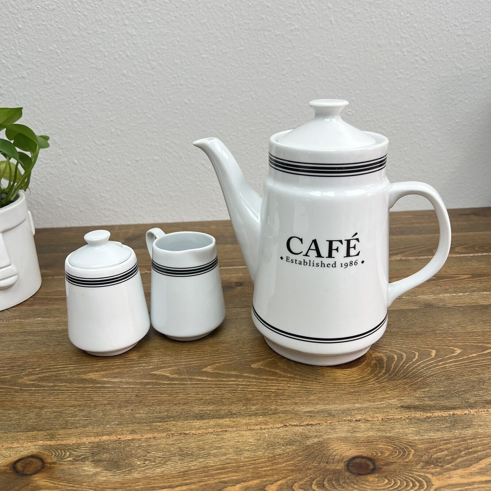 Pottery Barn Ceramic "Café" Coffee Pot Black Trim Creamer & Sugar Set