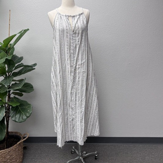 GiGiO  White Vertical Striped Sleeveless High Neck Floral Bohemian Maxi Dress L