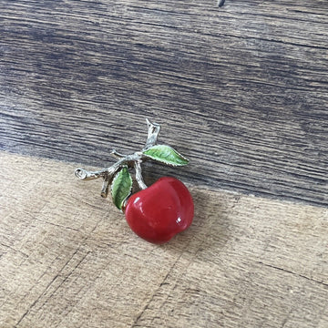 Vintage Signed GERRY'S Small Red Apple with Leaves & Branch Gold Tone Brooch