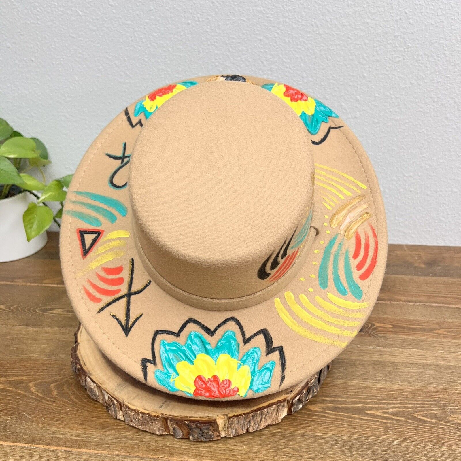 Beige Custom Acrylic Hand-Painted Flowers Wide Brim Women’s Sun Ranch Hat Felt