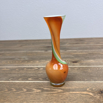 Vintage Orange Green White Swirl Cased Art Glass Murano Style Blown Bud Vase 8"