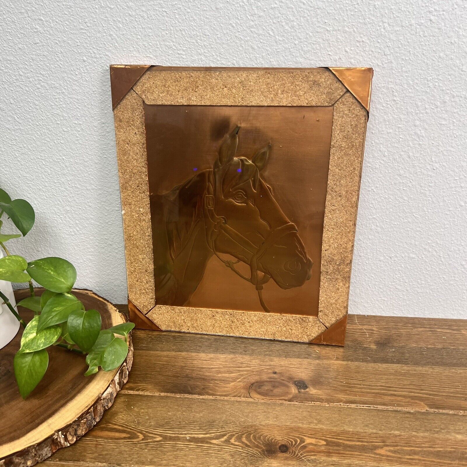 Vintage Hammered Copper Horse Head Wall Plaque in Custom Glass Frame 12"x14"