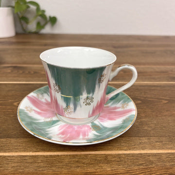 Stylecraft Porcelain Teacup & Saucer Made in Japan #1250 Pink Green White Gold