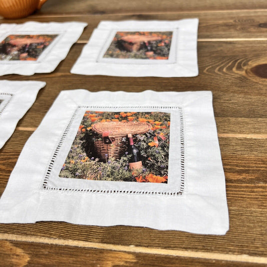 Handmade Linen cocktail coasters - California Vibes Wine & Flowers Vintage