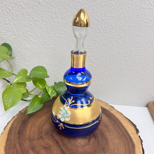 1960’s Tre Fuochi 24kt Gold Hand Painted Cobalt Blue Crystal Decanter