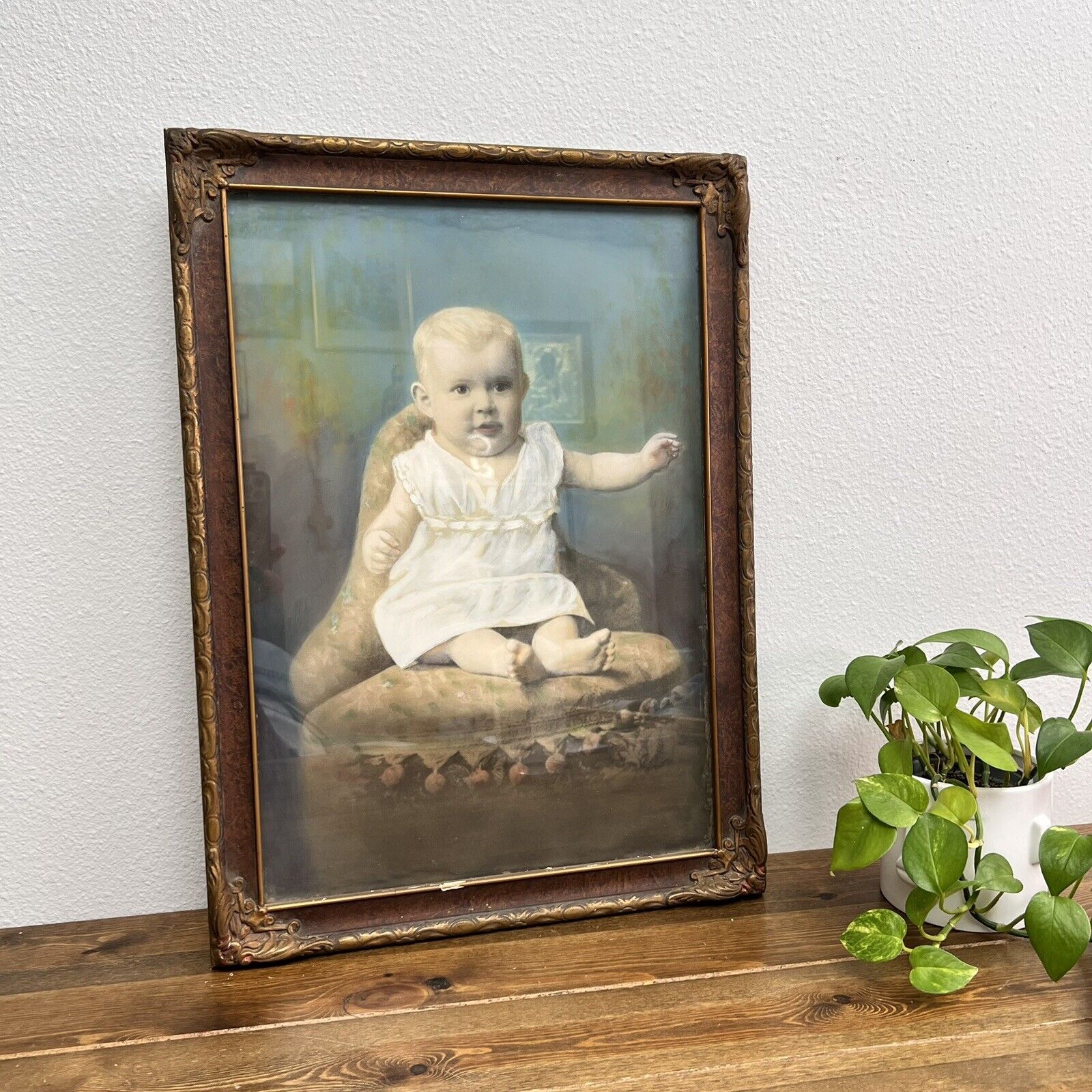 Vintage Canvas Art Baby In White Dress Sitting Framed