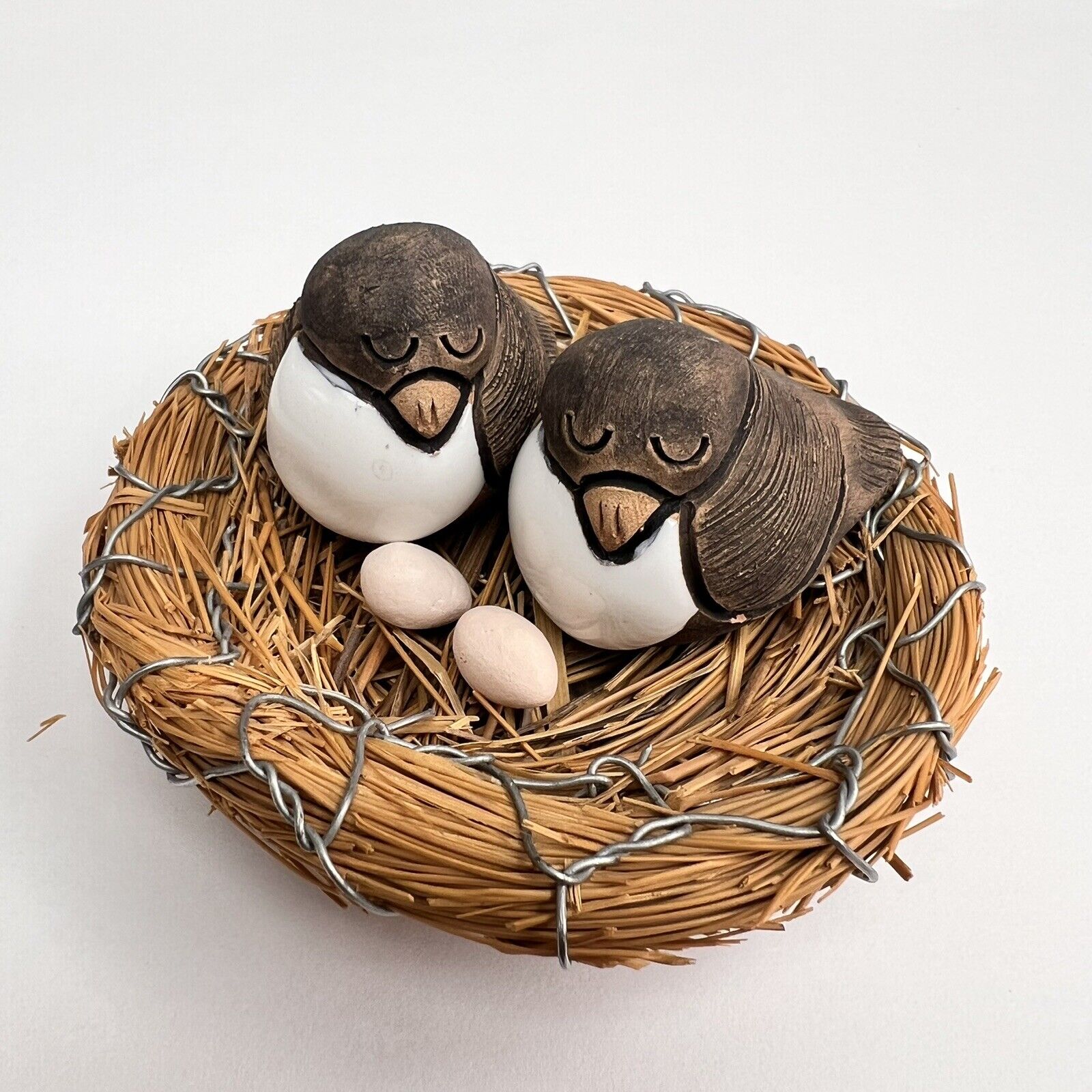 CASALS PERU Pottery Pair Clay Birds Nest With Eggs  Vintage  Folk Art Figurines