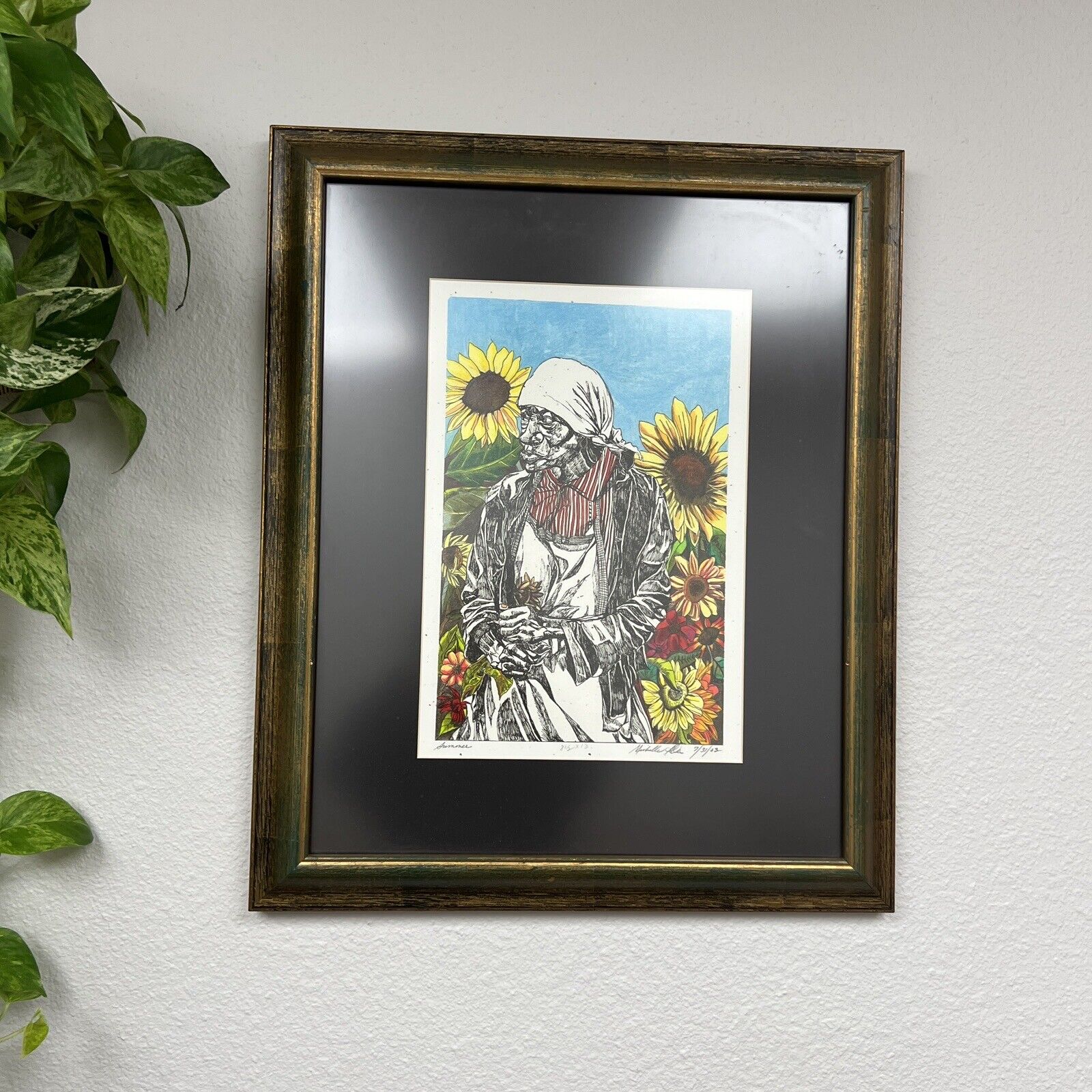 Summer Sunflower Print Framed African American Farmer Pen Stroke Artwork Signed