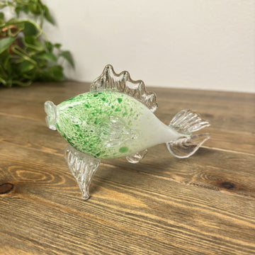 Murano Style Art Glass Fish Hand Blown in Speckled Green & White 7"x4"