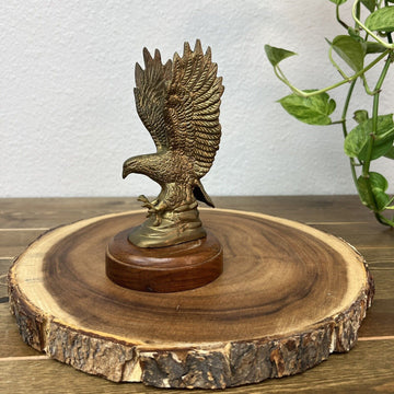 Vintage Brass American Eagle Patriotic Statue Paperweight Sculpture on Wood Base