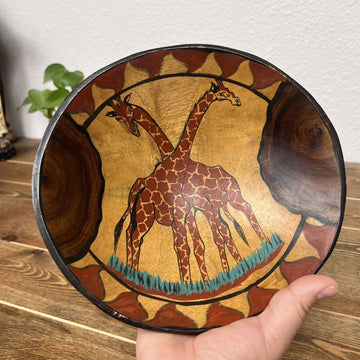 African Wood  Serving Bowl Hand Carved Painted Art w Giraffes