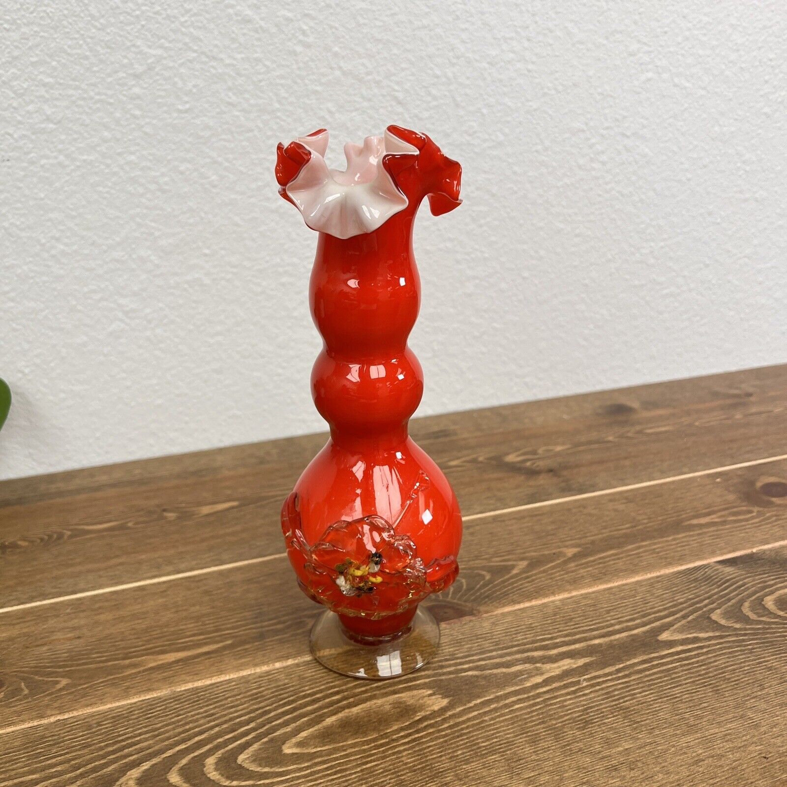 Chinese Plum Blossom Vintage Cased Art Glass Red White Ruffled Rim Footed Vase