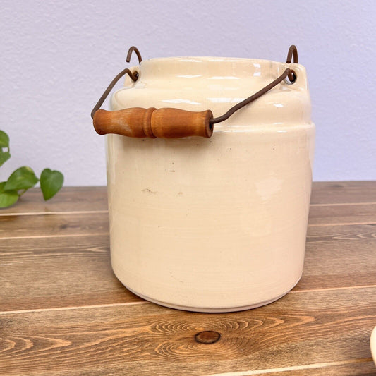 Vintage One Gallon Stoneware Ceramic Crock Beer Cooler Dispenser Wood Handle