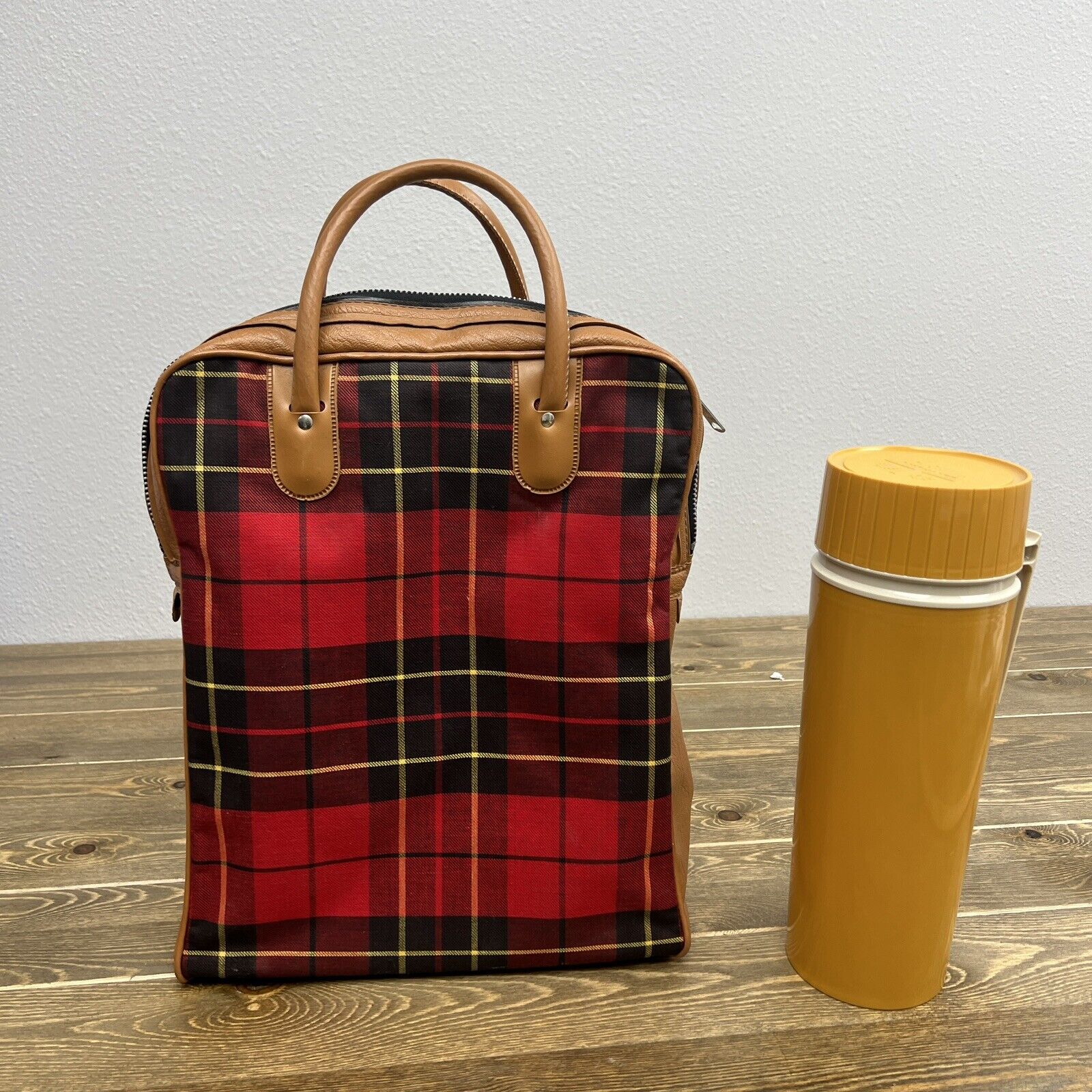 Vintage 1960s Yellow Thermos Model 7402 & Retro Red Plaid Travel Bag