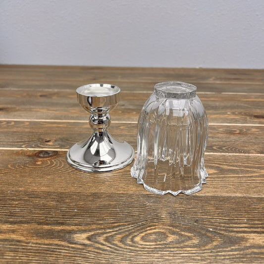 Vintage Godinger Crystal Glass Hurricane Candle Holder Silver Plate Base