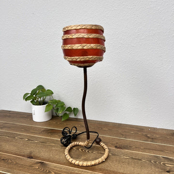 Vintage Metal Raffia Table Lamp Red Fiberglass Shade Squiggle Wine Glass Tarogo