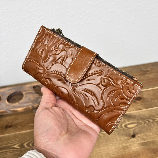 PATRICIA NASH Nazari TAN Florence TOOLED FLORAL RFID LEATHER Bifold WALLET