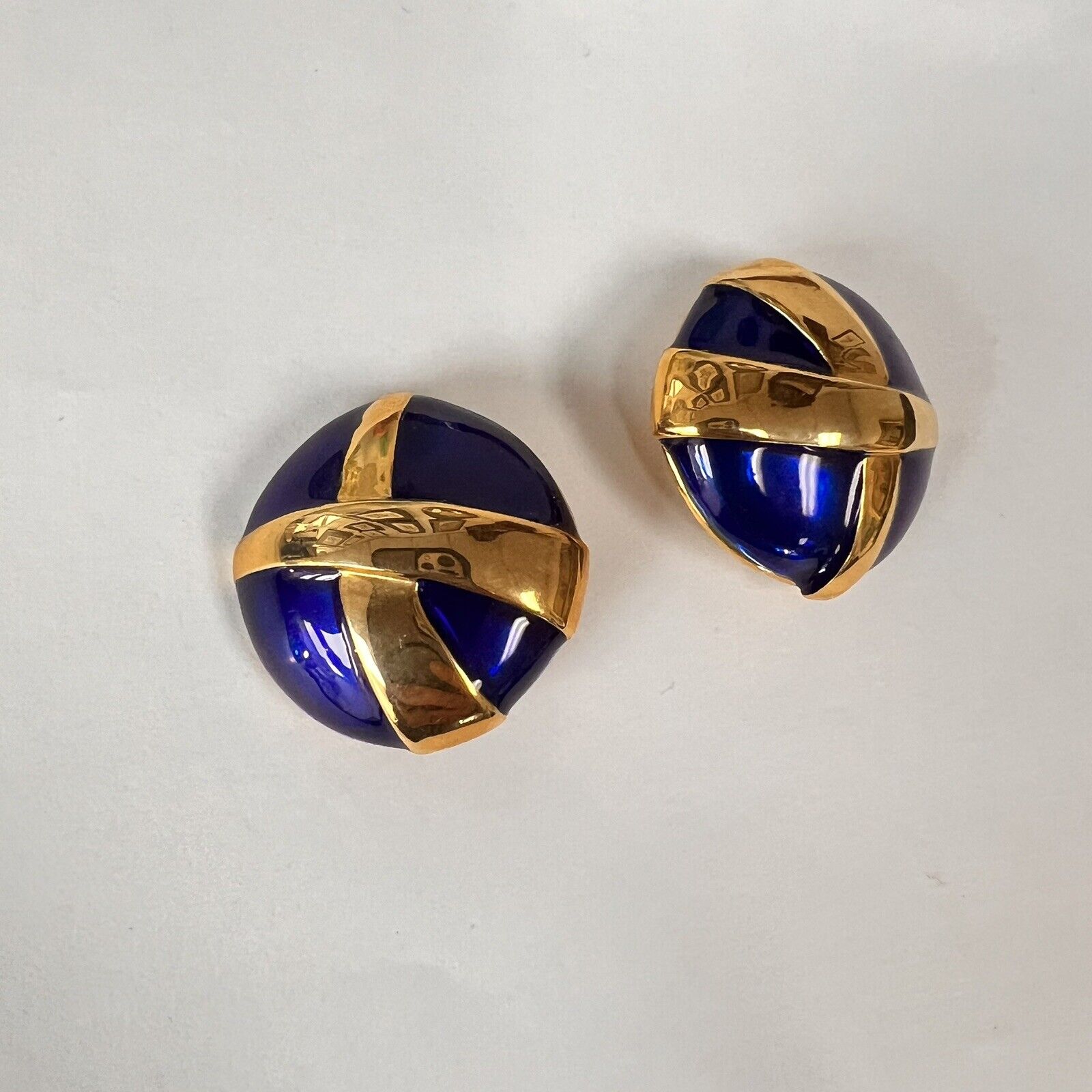 Vintage Gold & Blue Enamel Clip On Earrings