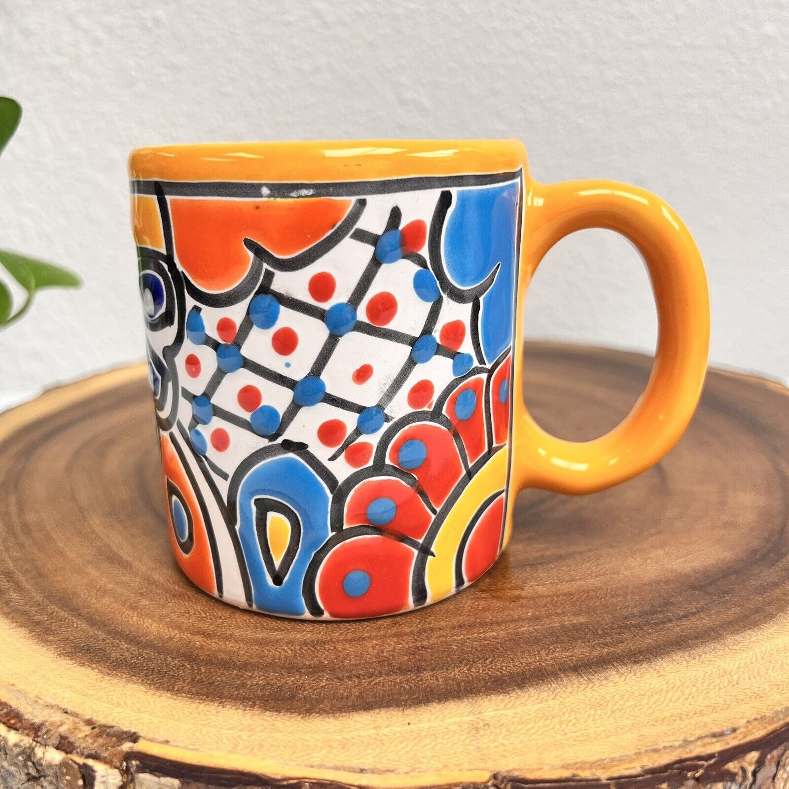 Authentic Hand-Painted Round Talavera Coffee Mug Yellow Rim