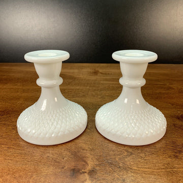 Pair of Vintage White Milk Glass Diamond Pattern Candle Stick Holders Decor 4”