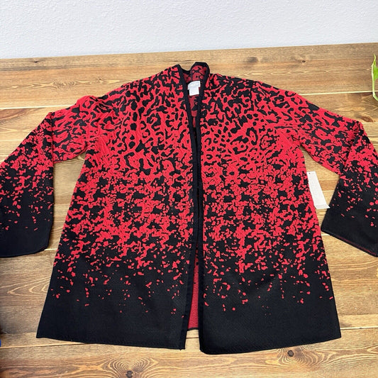 Chico's Blister Knit Cardigan Sweater Size 1 M Black Red Open Front Cotton New