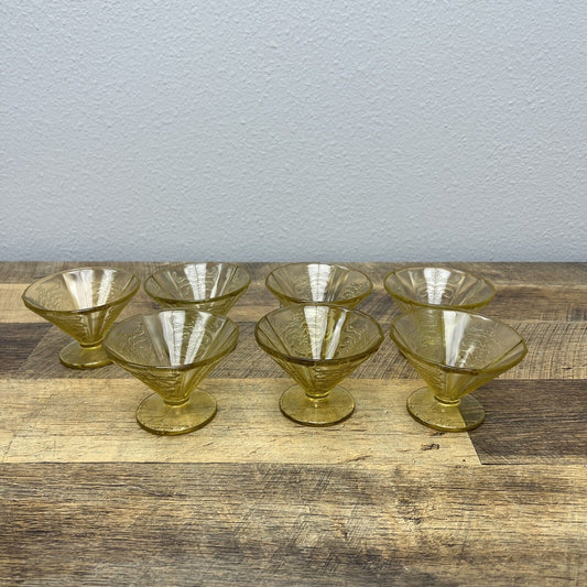 Set 7 YELLOW AMBER FEDERAL DEPRESSION GLASS Sherbet Dessert Cups Madrid Pattern