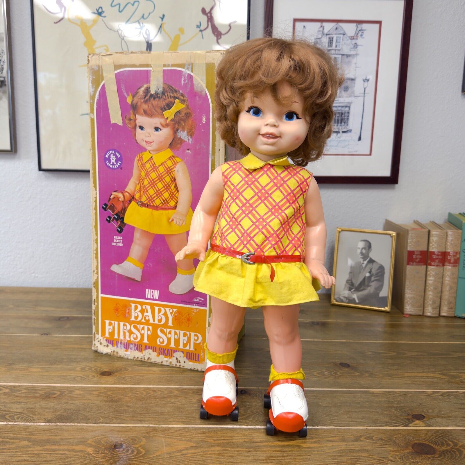 Vintage 1967 Mattel Baby First Step Doll Redhead with Skates and Box